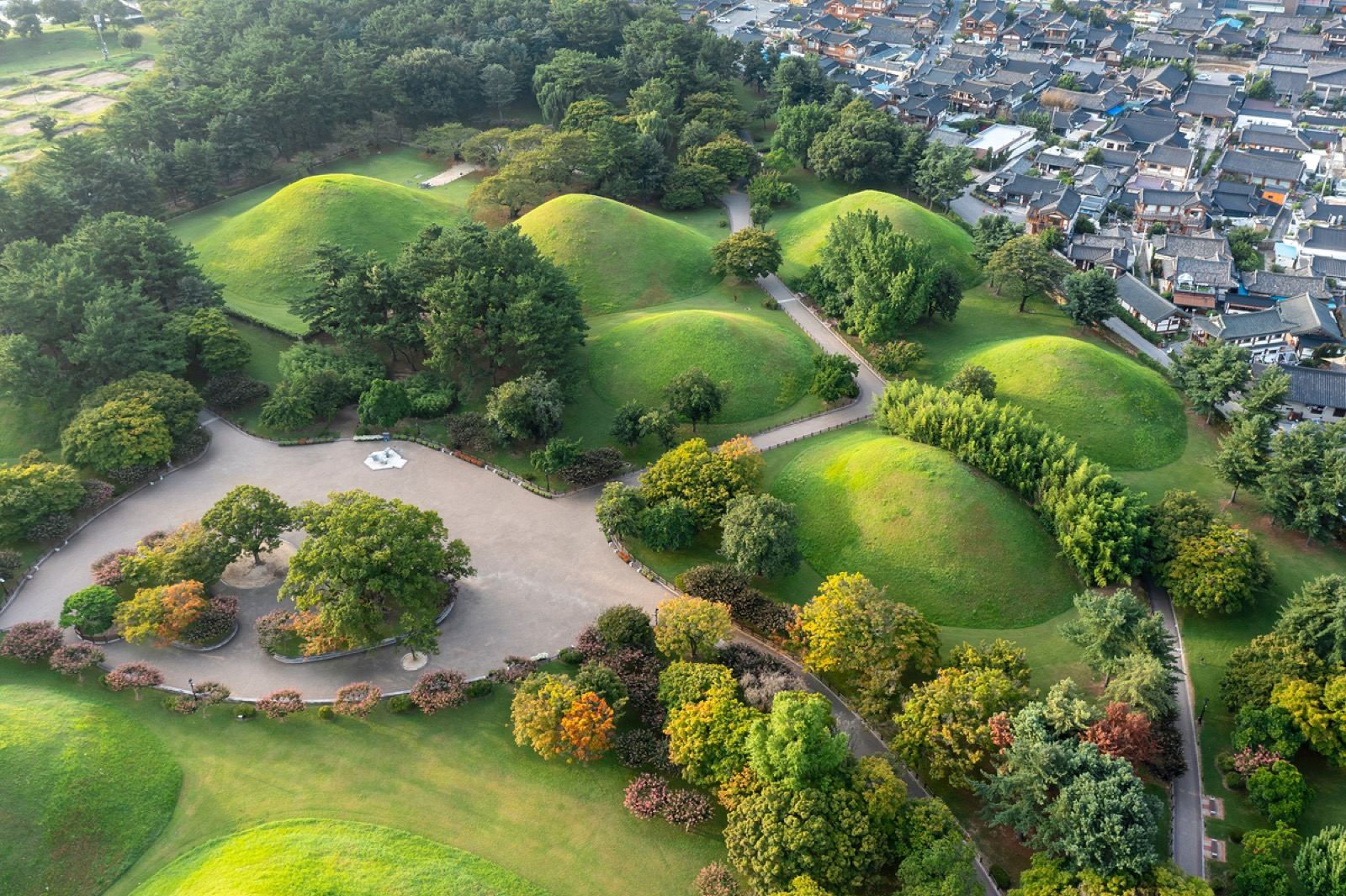Aerial view of the Daereungwon royal tomb mounds, Gyeongju