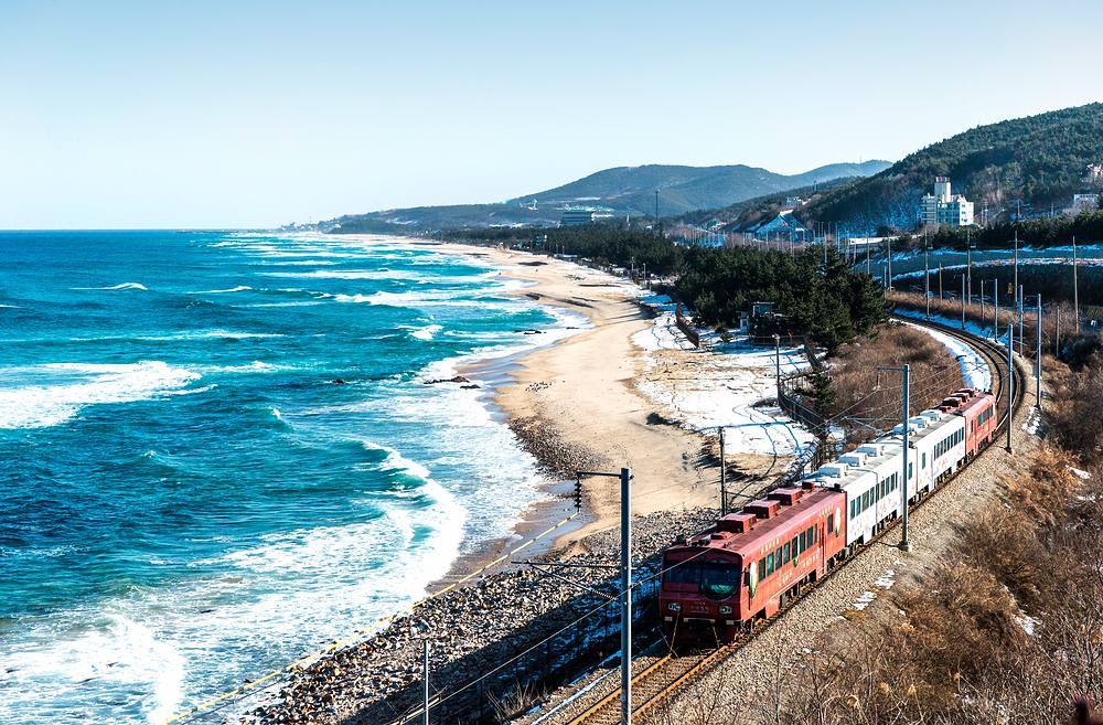 A coastal tourist train running beside the turquoise East Sea
